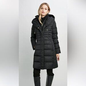 Tahari Casey Black Hooded Puffer Long Coat Jacket with Zip Vest. Sz: Small